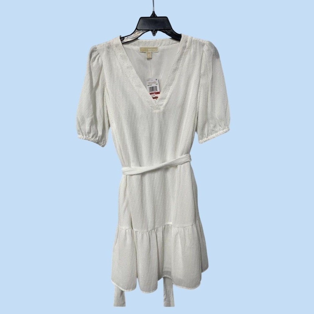 Michael Kors White V Neck Puff Sleeve Clip Dot Tie Waist Ruffle Mini Dress XS